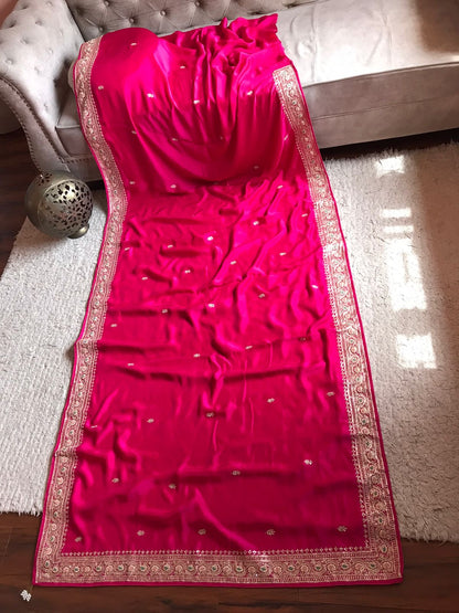 Pink premium satin silk embroidered sarees