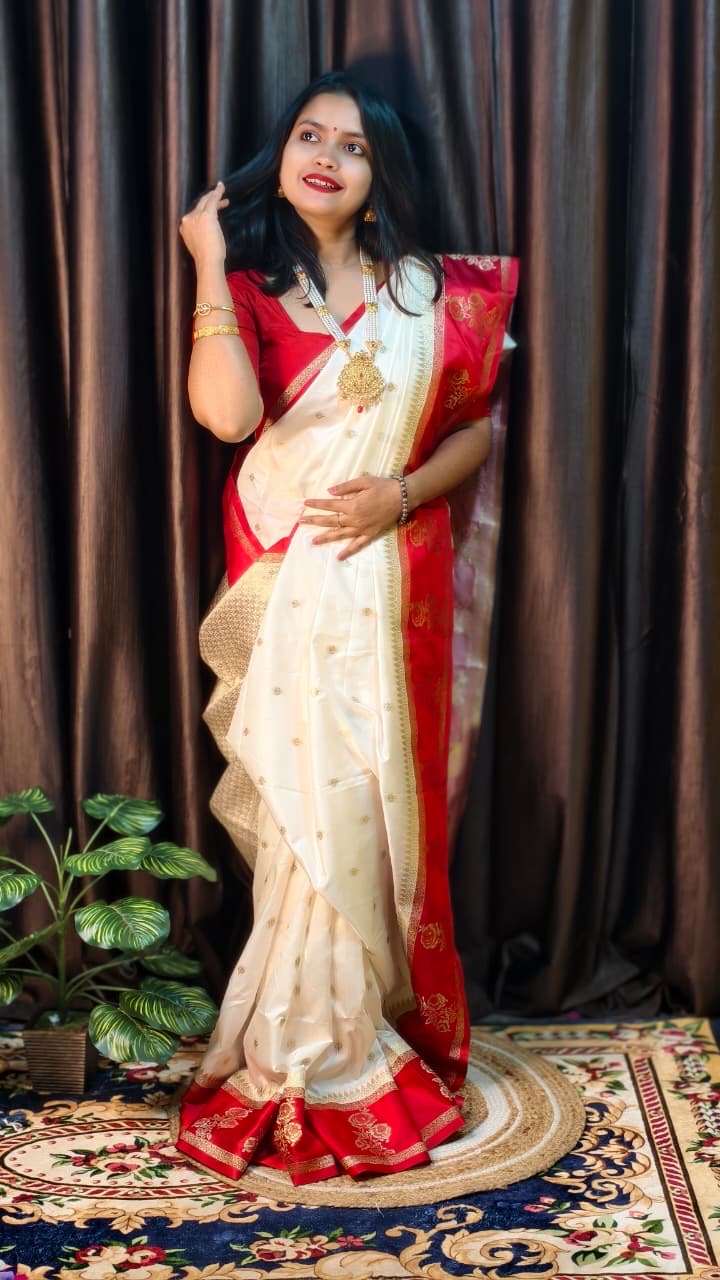 Puja special saree red white saree blouse Indian sari blouse