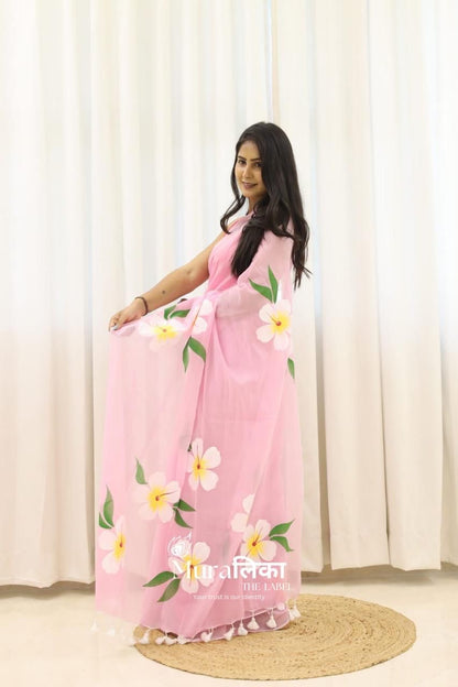 Hand painted saree cotton saree mul mul saree women sari blouse