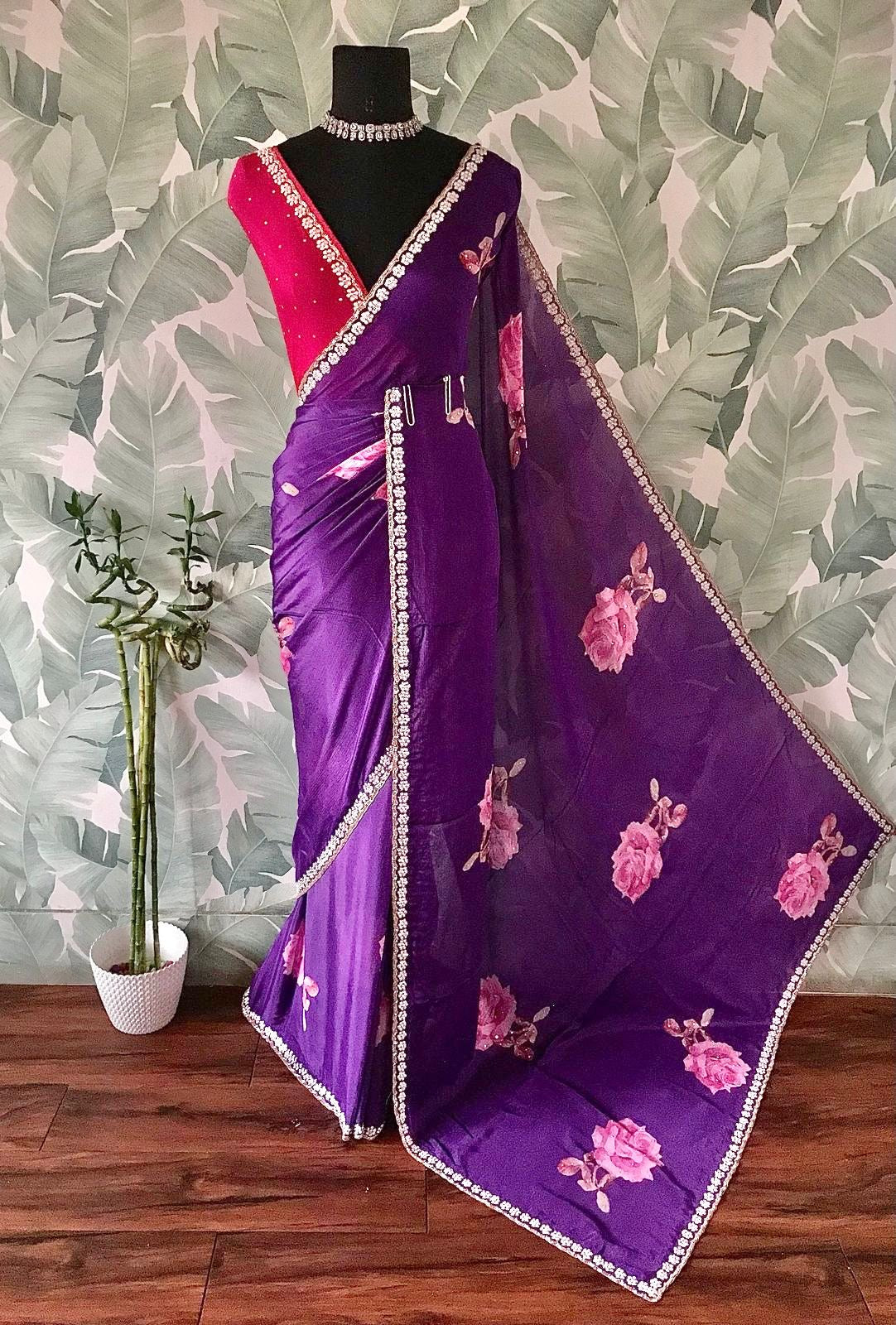 Purple printed saree crepe chinon saree Partywear sari blouse