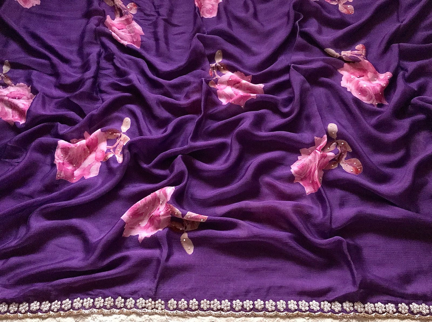 Purple printed saree crepe chinon saree Partywear sari blouse