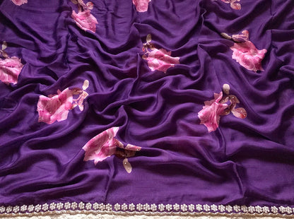 Purple printed saree crepe chinon saree Partywear sari blouse