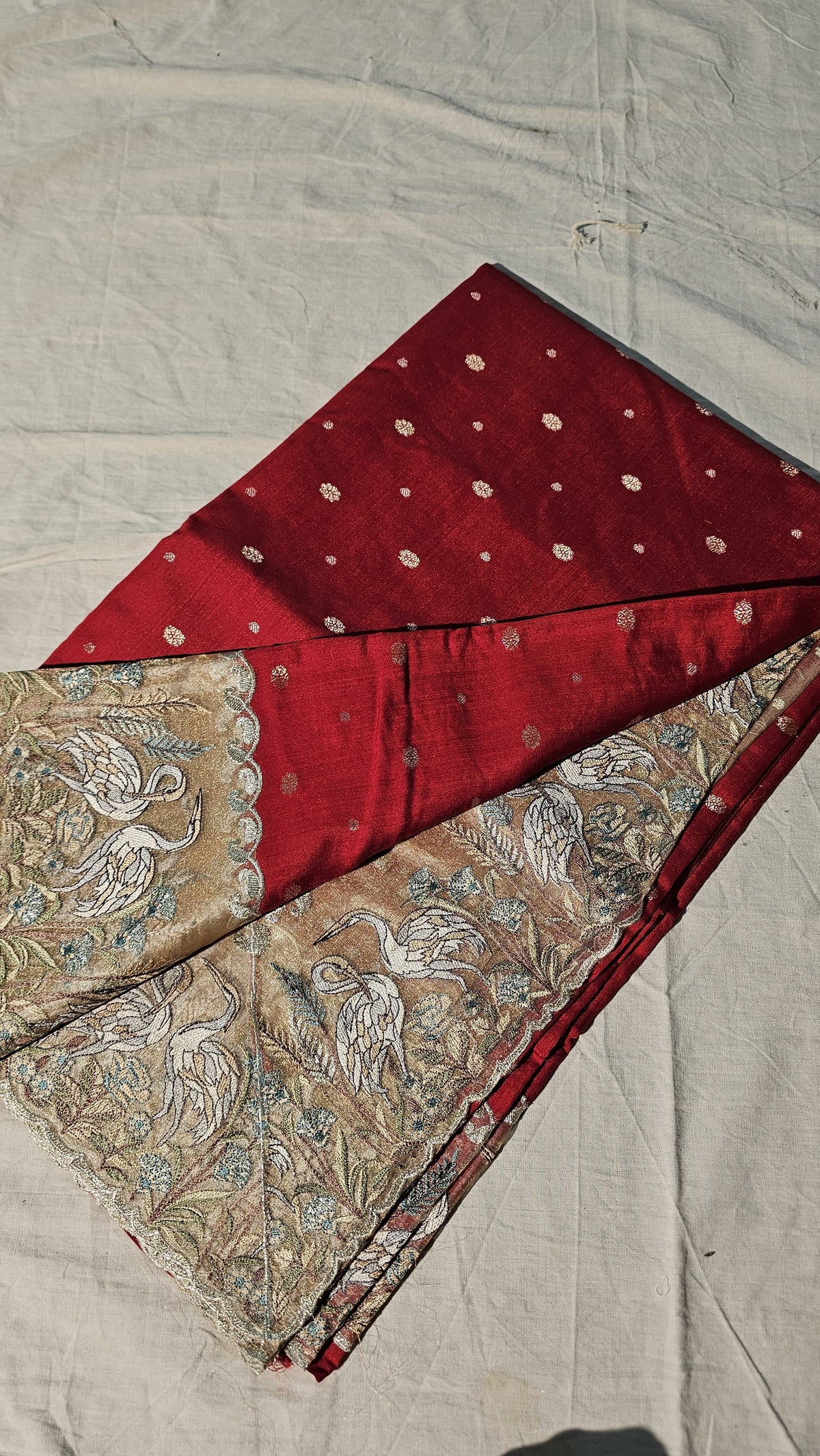 Red munga tussar saree flamingo embroidery saree blouse