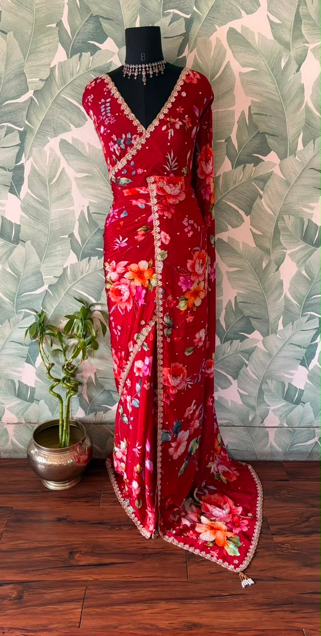 Red printed saree valentine sarees blouse Indian sari Partywear saree