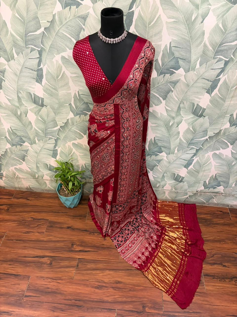 Maroon ajrakh saree Indian sari blouse traditional sarees women clothing