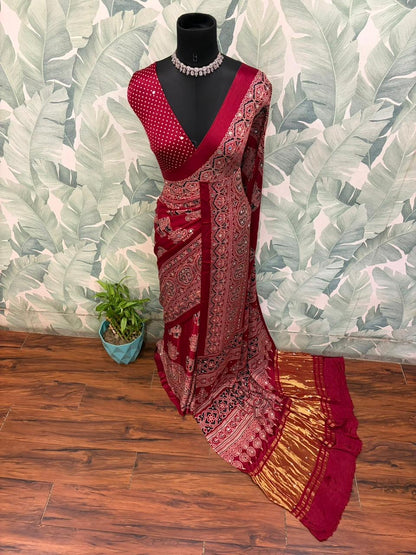 Maroon ajrakh saree Indian sari blouse traditional sarees women clothing