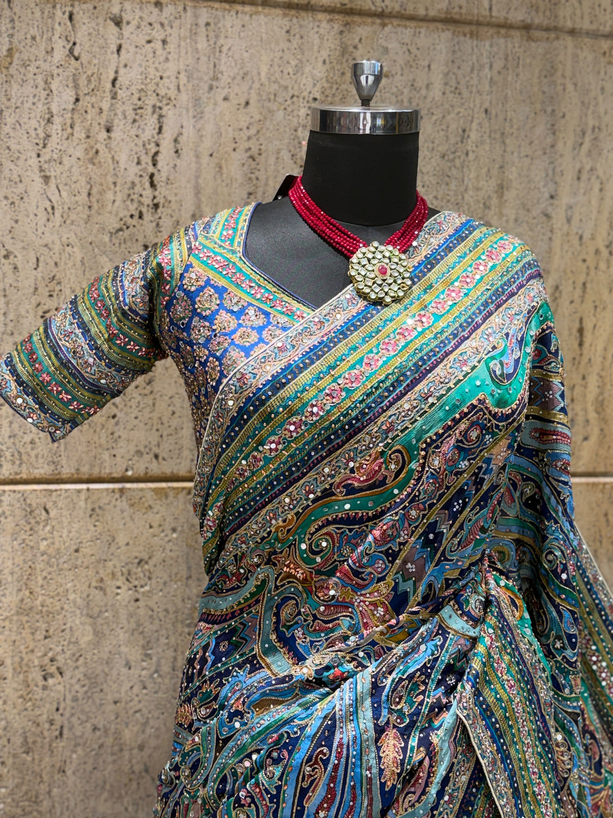 Ajrakh crepe saree Chinon sarees Partywear sari with stitched blouse