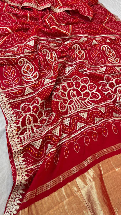 Red Bandhani Gajji silk saree Indian traditional silk sarees