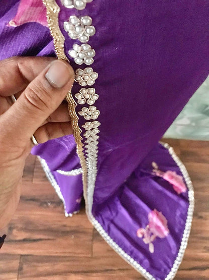 Purple printed saree crepe chinon saree Partywear sari blouse