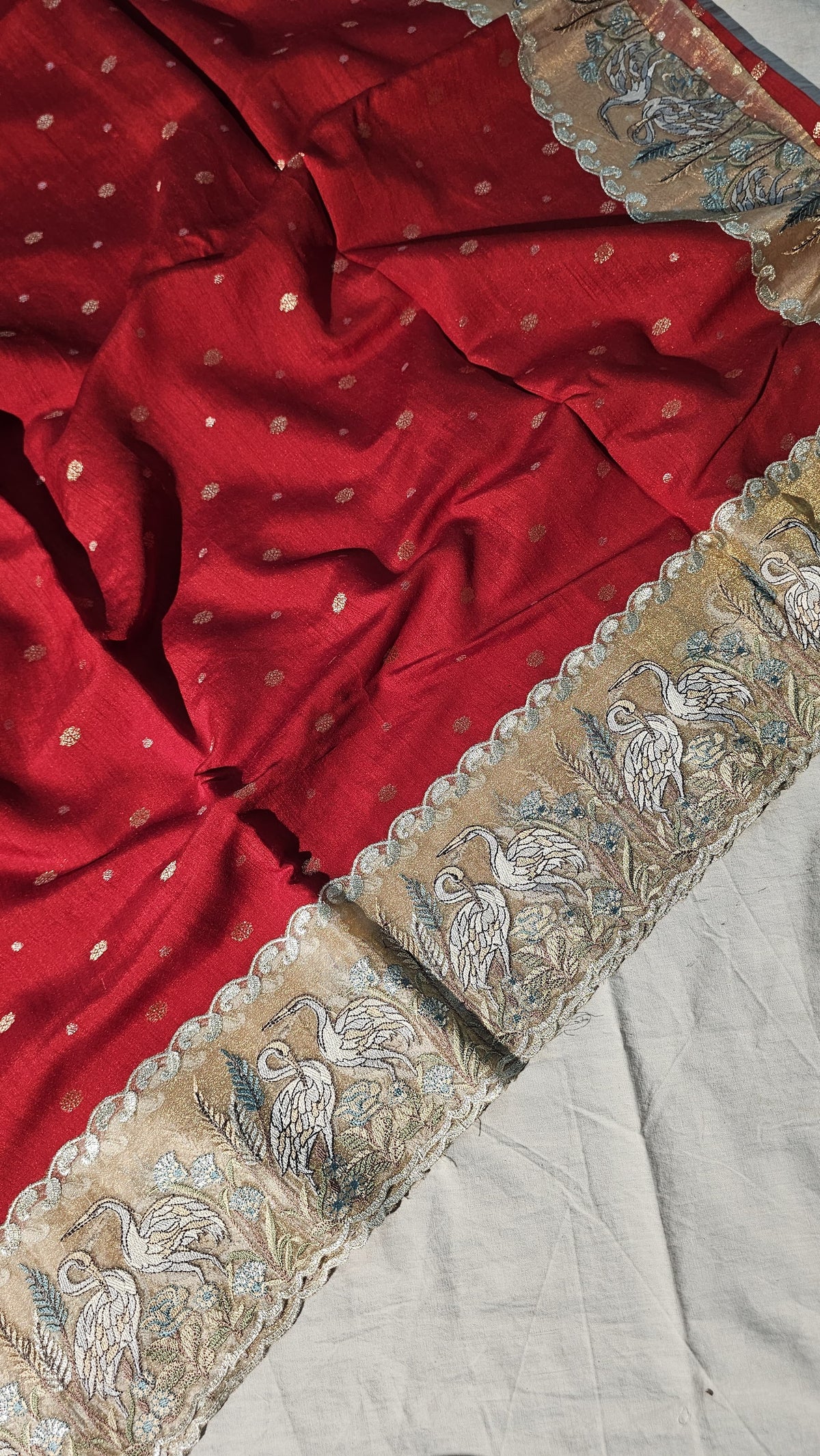 Red munga tussar saree flamingo embroidery saree blouse