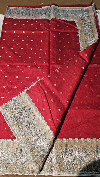 Red munga tussar saree flamingo embroidery saree blouse