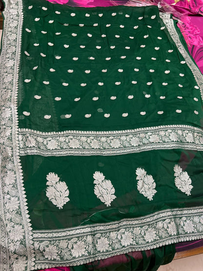 Chiffon Green Banarsi Saree khaddi chiffon saree