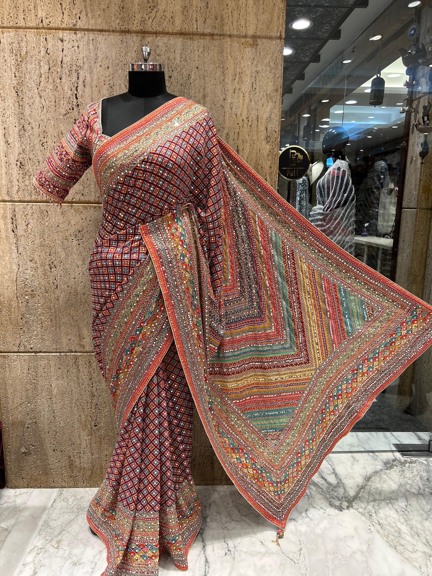 Celebrity inspired saree ajrakh printed sarees women sari readymade blouse