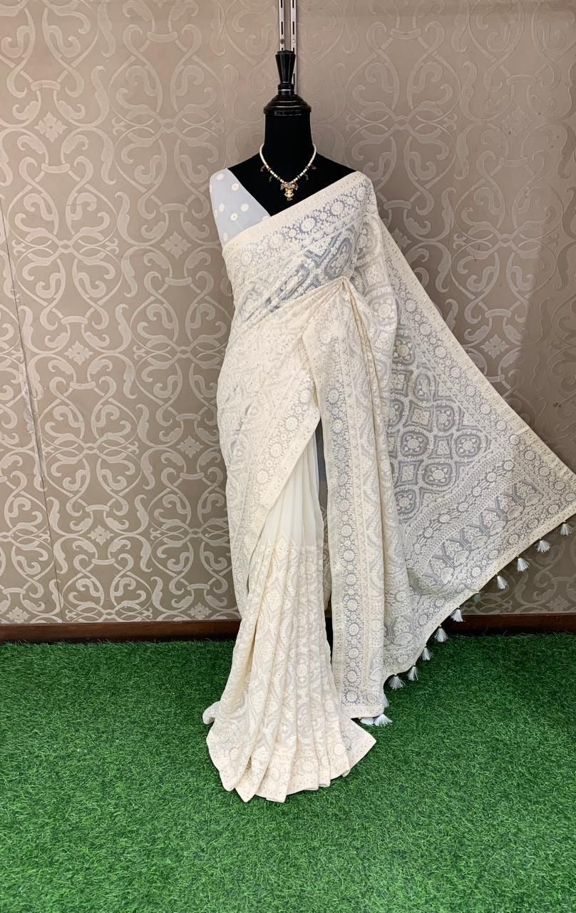 Navinika Gorgette saree Chikankari sarees blouse