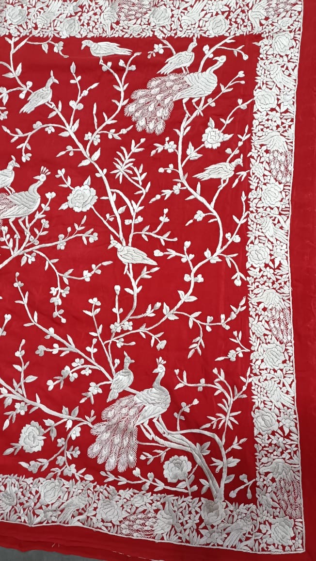 Red Bold Parsi Gara Saree Crepe Saree Indian Sari