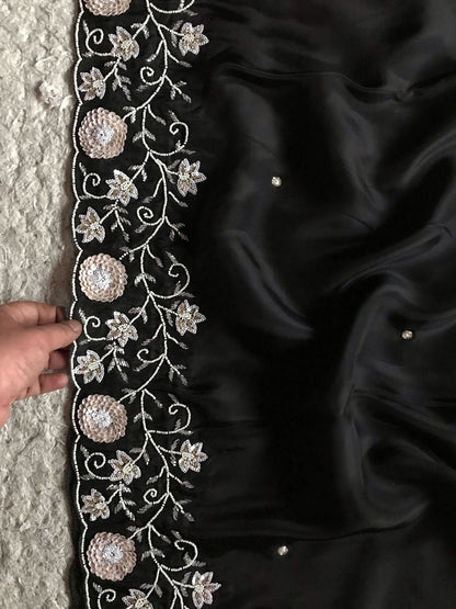Zahana Black Premium Saree Satin Organza Sari