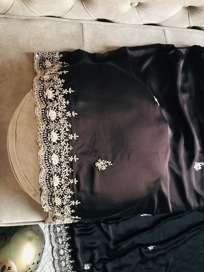Black satin organza saree luxury saree women sari blouse
