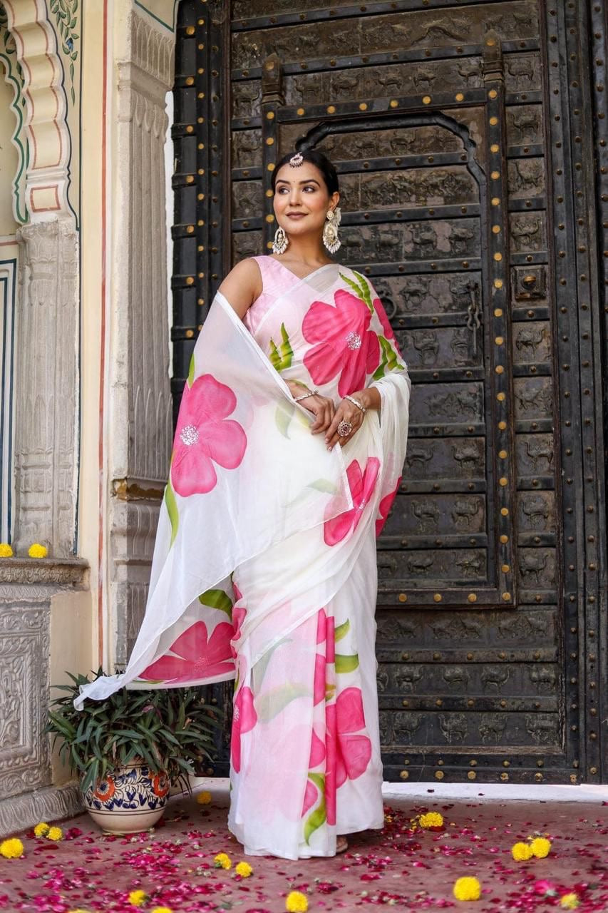 Cotton saree floral saree hand painted sari blouse women sarees