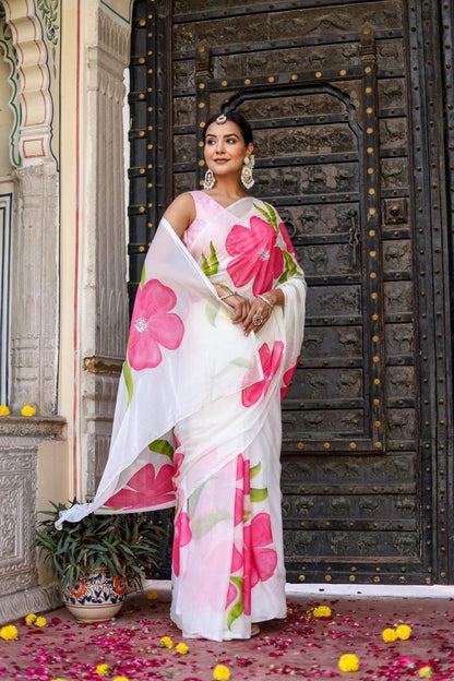 Cotton saree floral saree hand painted sari blouse women sarees