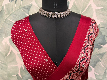 Maroon ajrakh saree Indian sari blouse traditional sarees women clothing