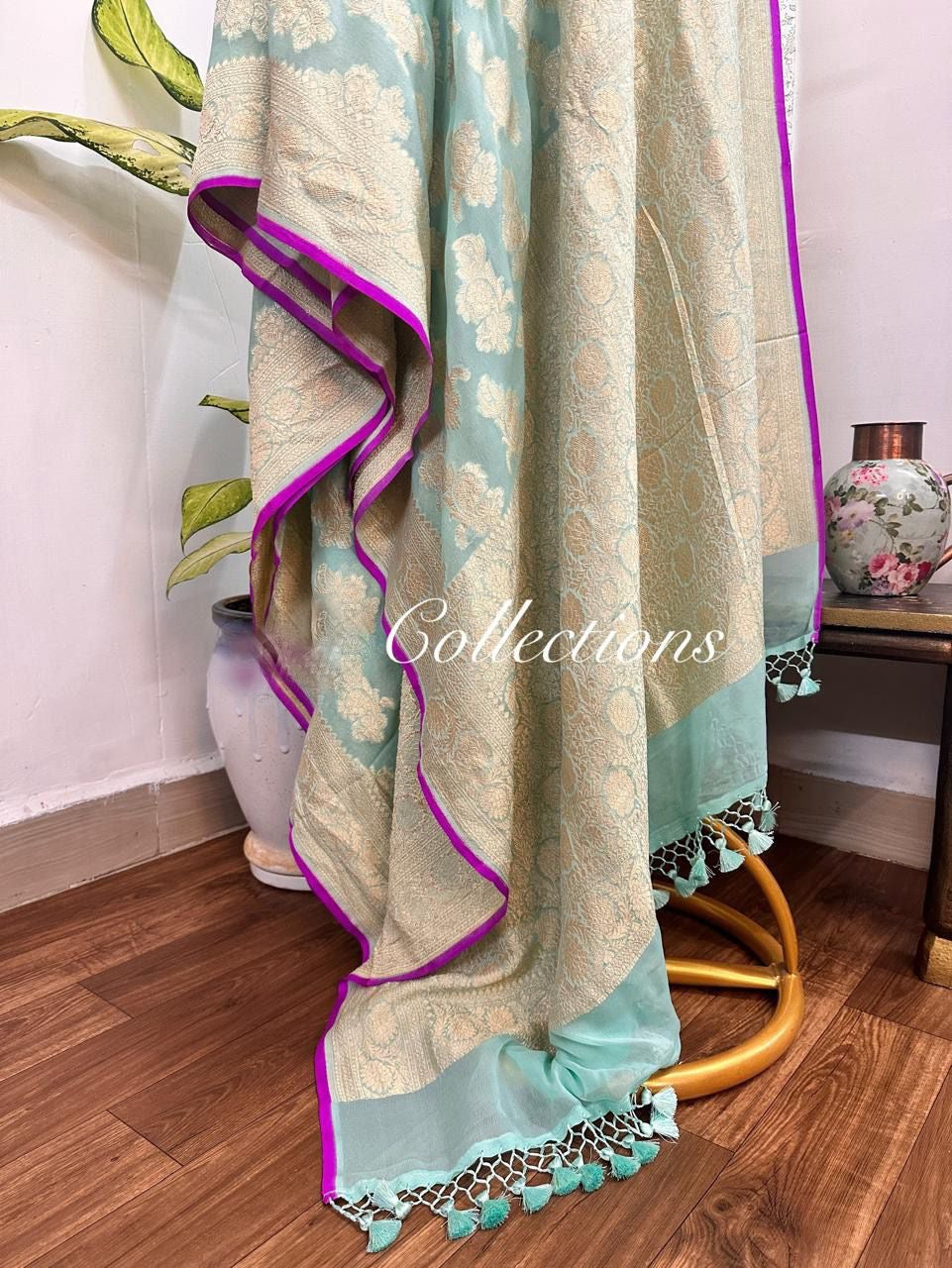 Firoza gorgette saree Handwoven sari blouse