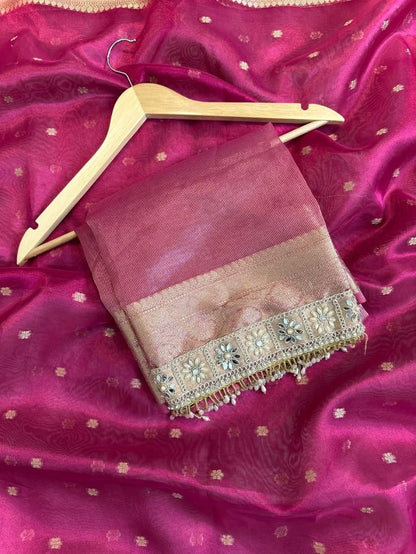 Pink tissue silk saree wedding sari blouse women sarees