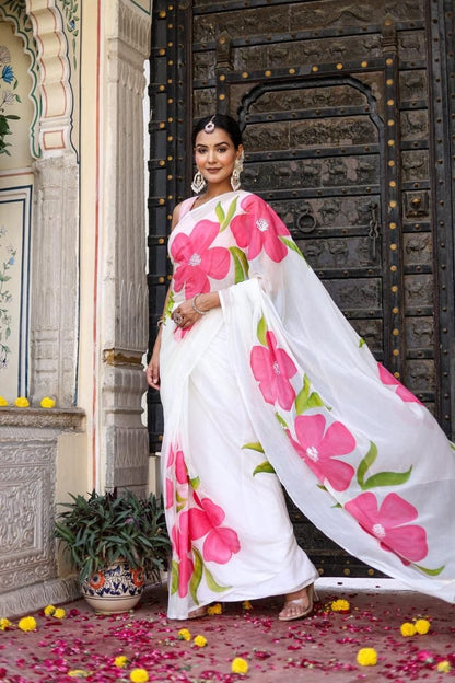 Cotton saree floral saree hand painted sari blouse women sarees