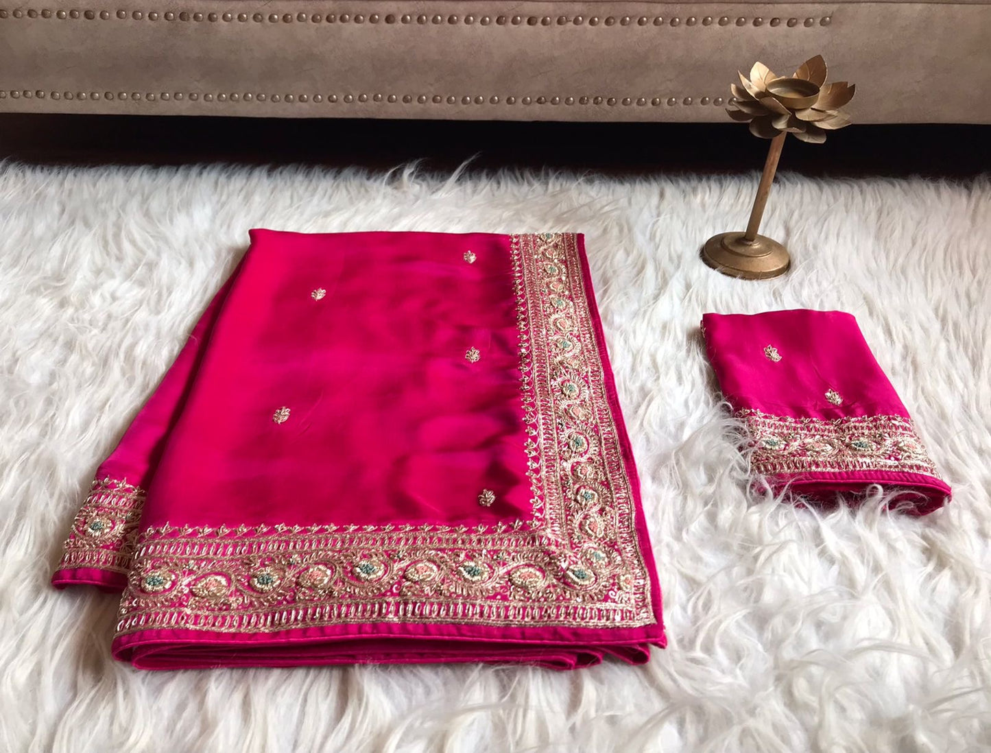 Pink premium satin silk embroidered sarees