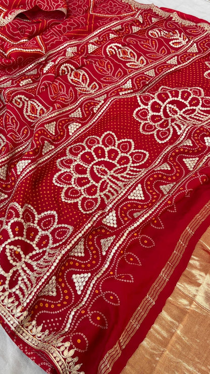 Red Bandhani Gajji silk saree Indian traditional silk sarees
