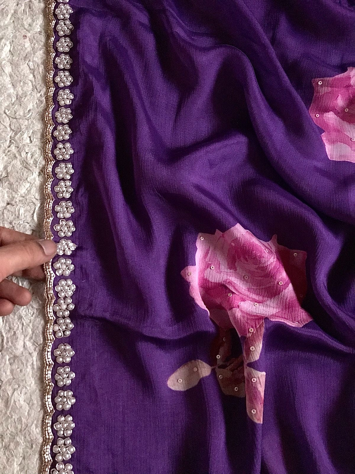 Purple printed saree crepe chinon saree Partywear sari blouse