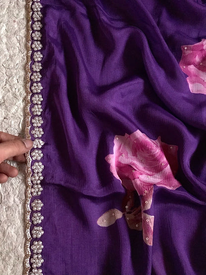 Purple printed saree crepe chinon saree Partywear sari blouse