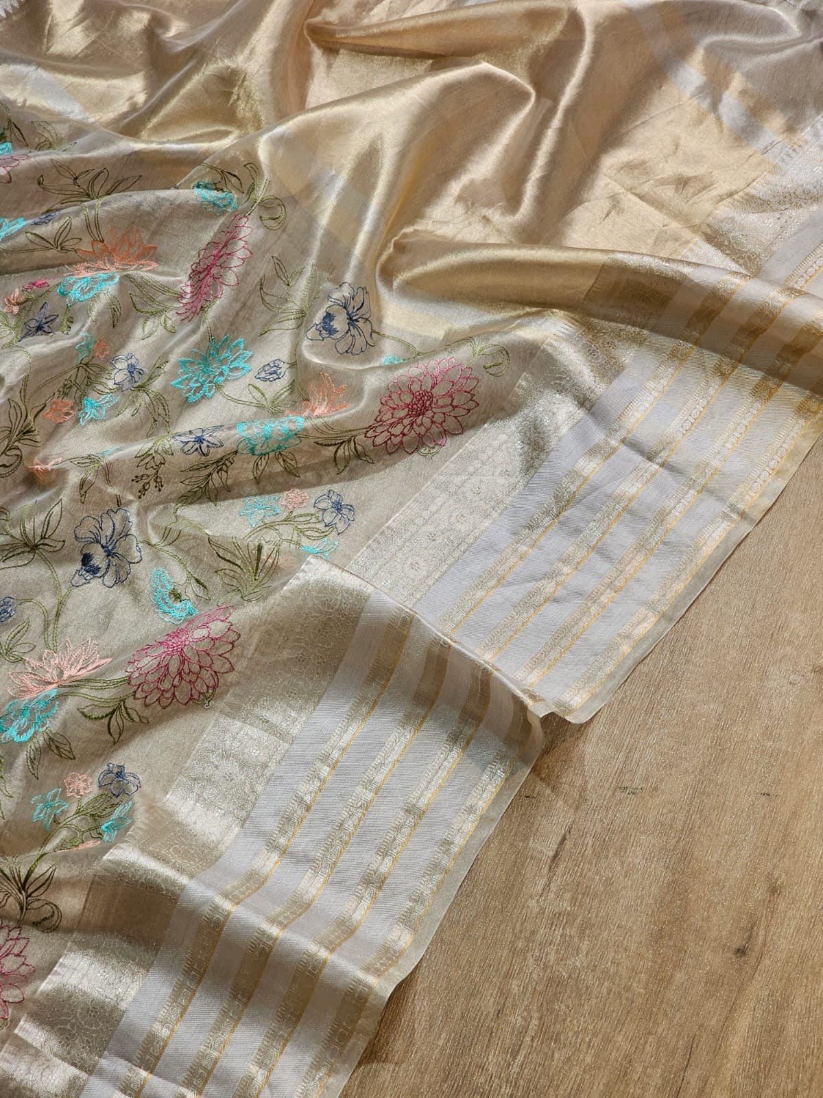 Floral Tissue Katan Embroidery Saree Indian Sari