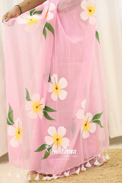 Hand painted saree cotton saree mul mul saree women sari blouse