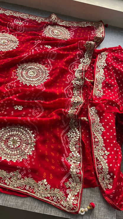 Bridal crepe bandhej saree zardosi sarees blouse