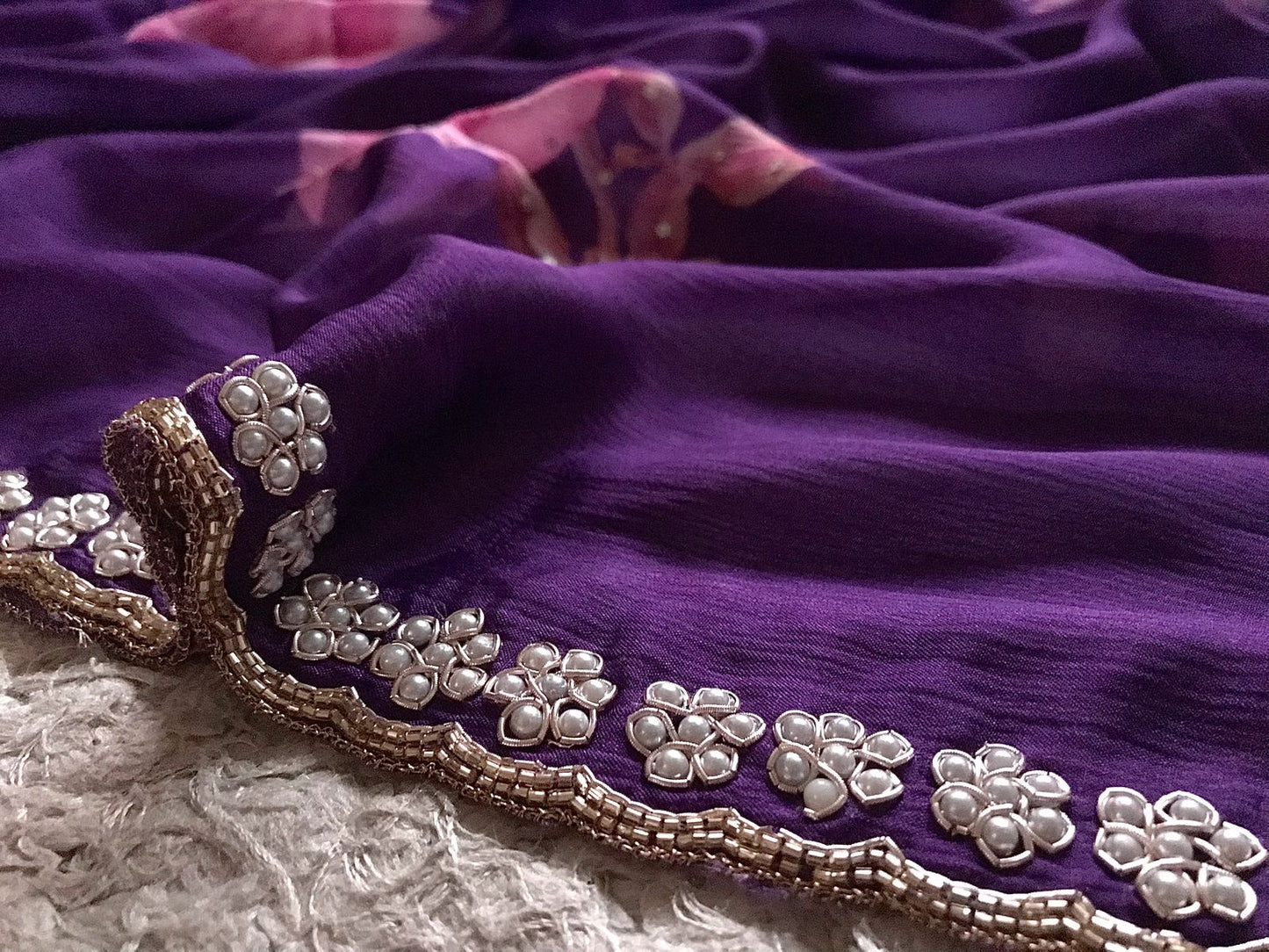 Purple printed saree crepe chinon saree Partywear sari blouse