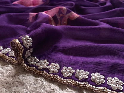 Purple printed saree crepe chinon saree Partywear sari blouse
