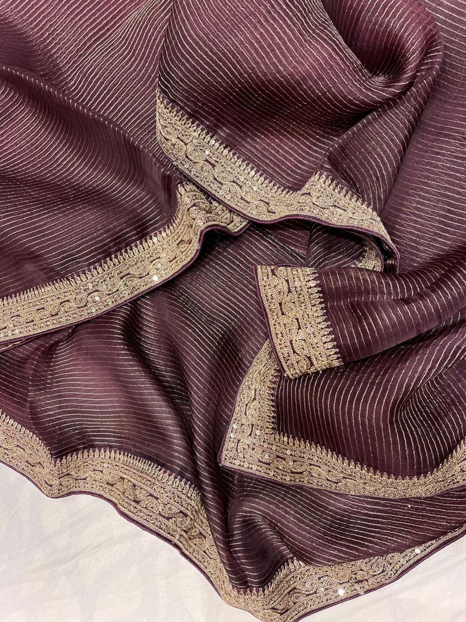 Ajrakh inspired Organza saree Striped Saree Partywear Sari