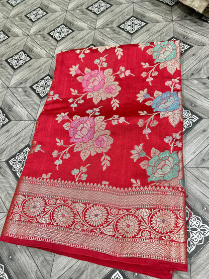 Red floral saree chiniya Katan silk saree Indian sari blouse