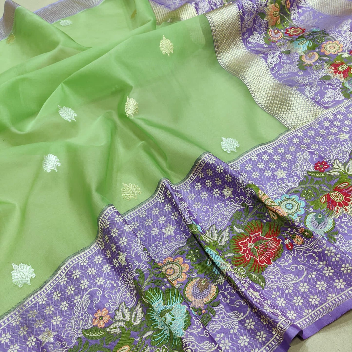 Daisy Green Kora Handwoven Saree Indian Sarees