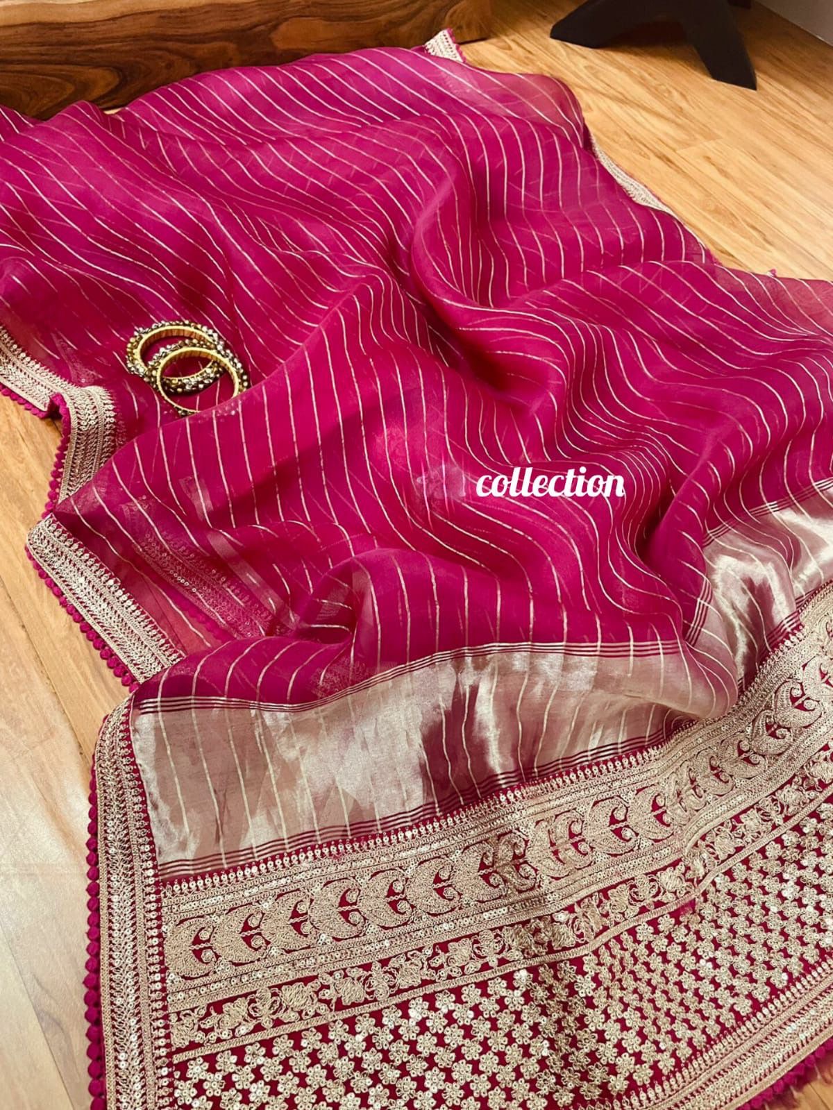 Pink striped organza saree women saree blouse