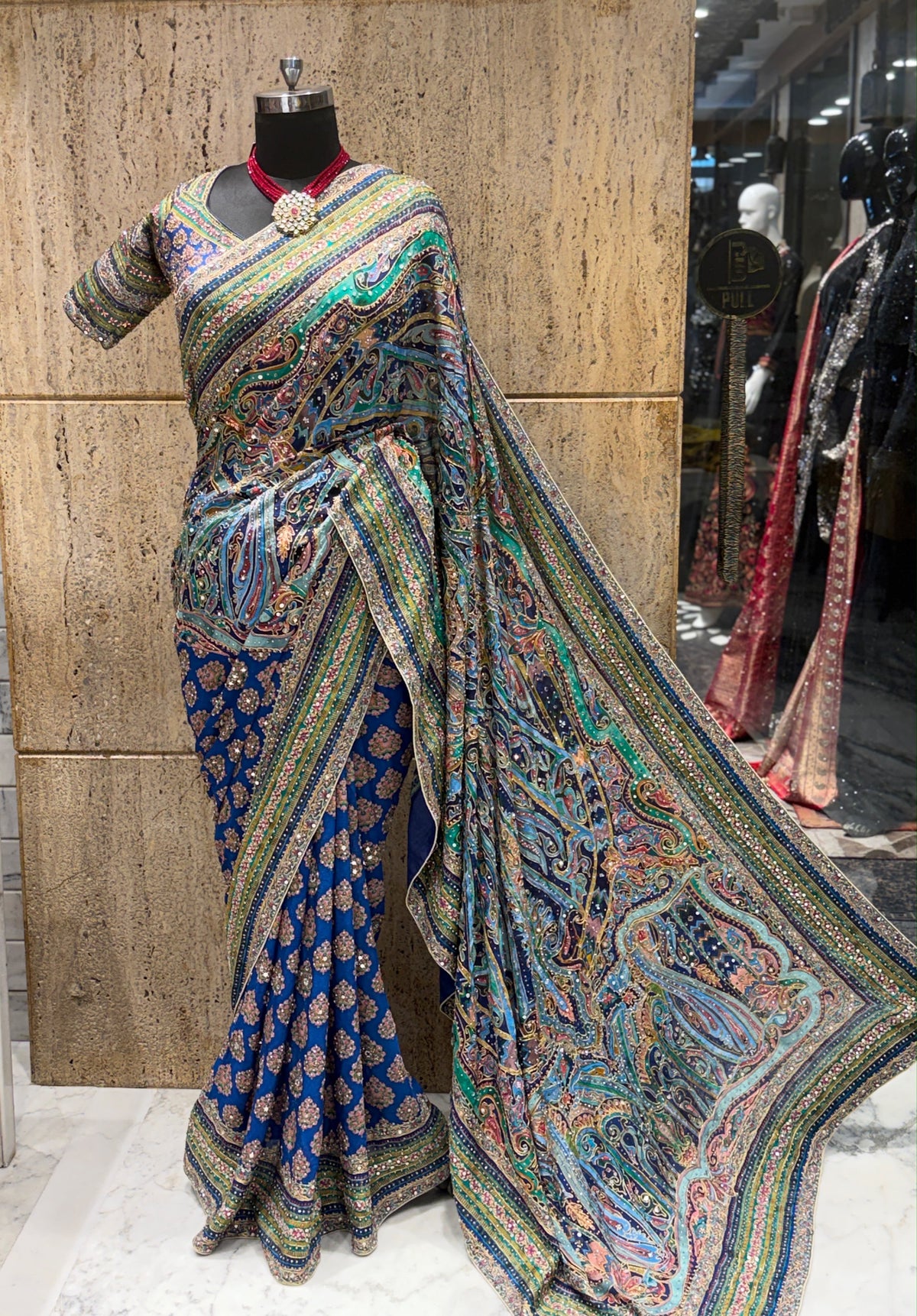 Ajrakh crepe saree Chinon sarees Partywear sari with stitched blouse