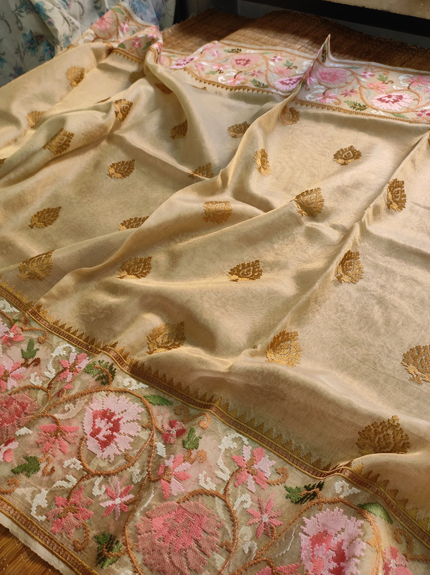 Floral Tissue Silk Embroidery Saree Indian Sari