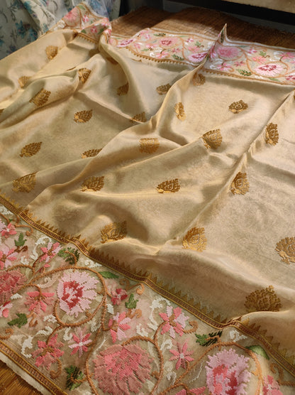 Floral Tissue Silk Embroidery Saree Indian Sari