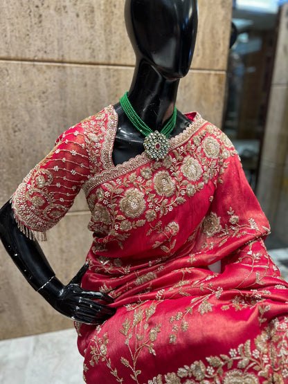 Handmade pure silk saree Kanjeevaram sari zardosi detailing wedding sari blouse