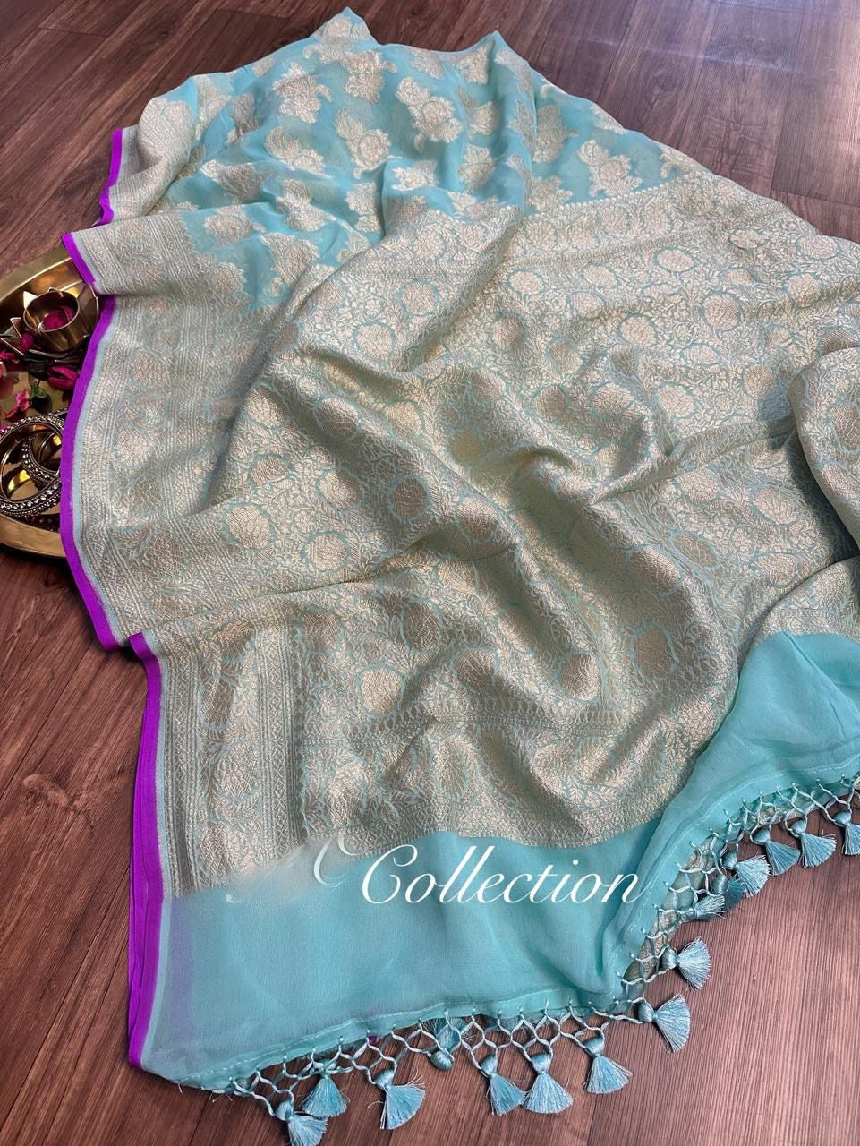 Firoza gorgette saree Handwoven sari blouse