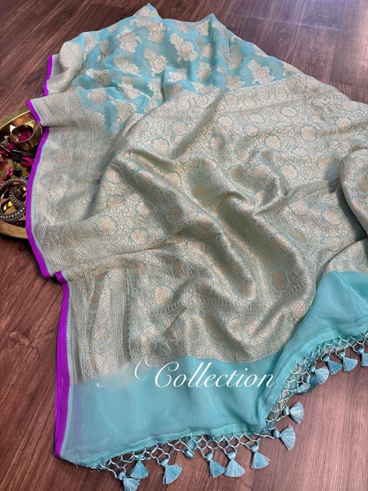 Firoza gorgette saree Handwoven sari blouse