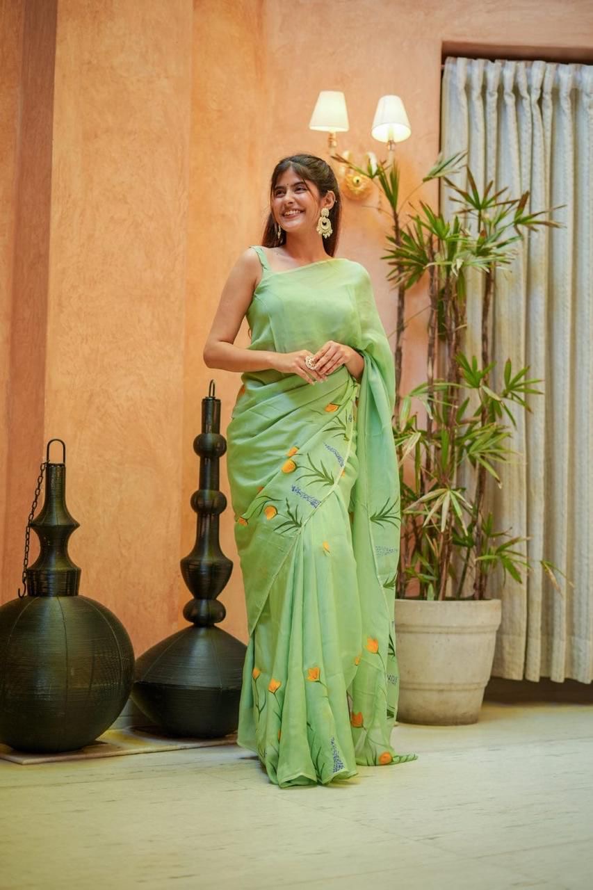 Cotton saree floral saree hand painted sari blouse women sarees