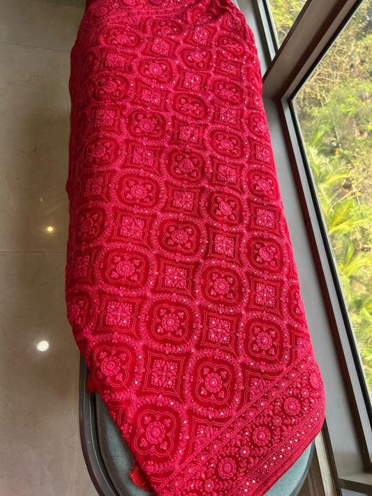 Red Chikankari saree Indian saree blouse Gorgette sari