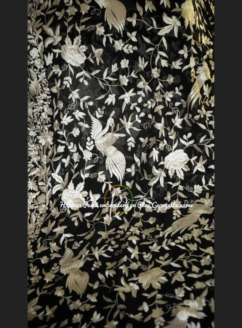 Black Parsi Inspired Thread Embroidery Saree