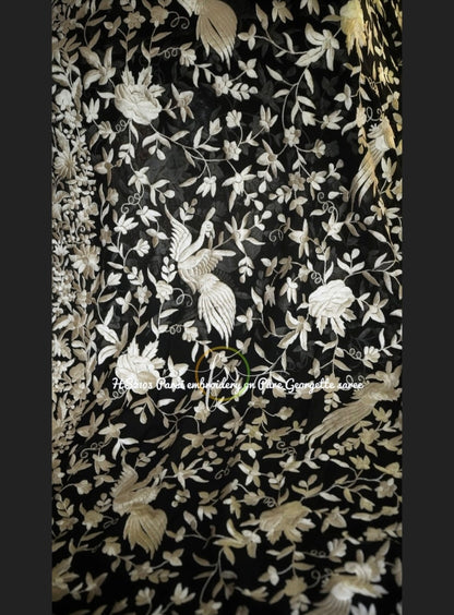 Black Parsi Inspired Thread Embroidery Saree